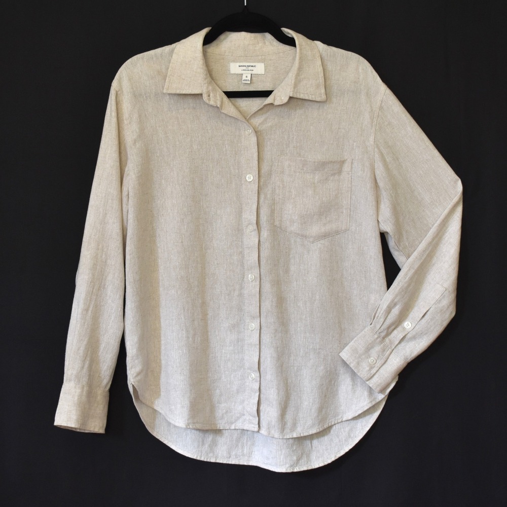 Banana Republic Linen Blend Button Down Shirt Mens Small Beige Long Sleeve